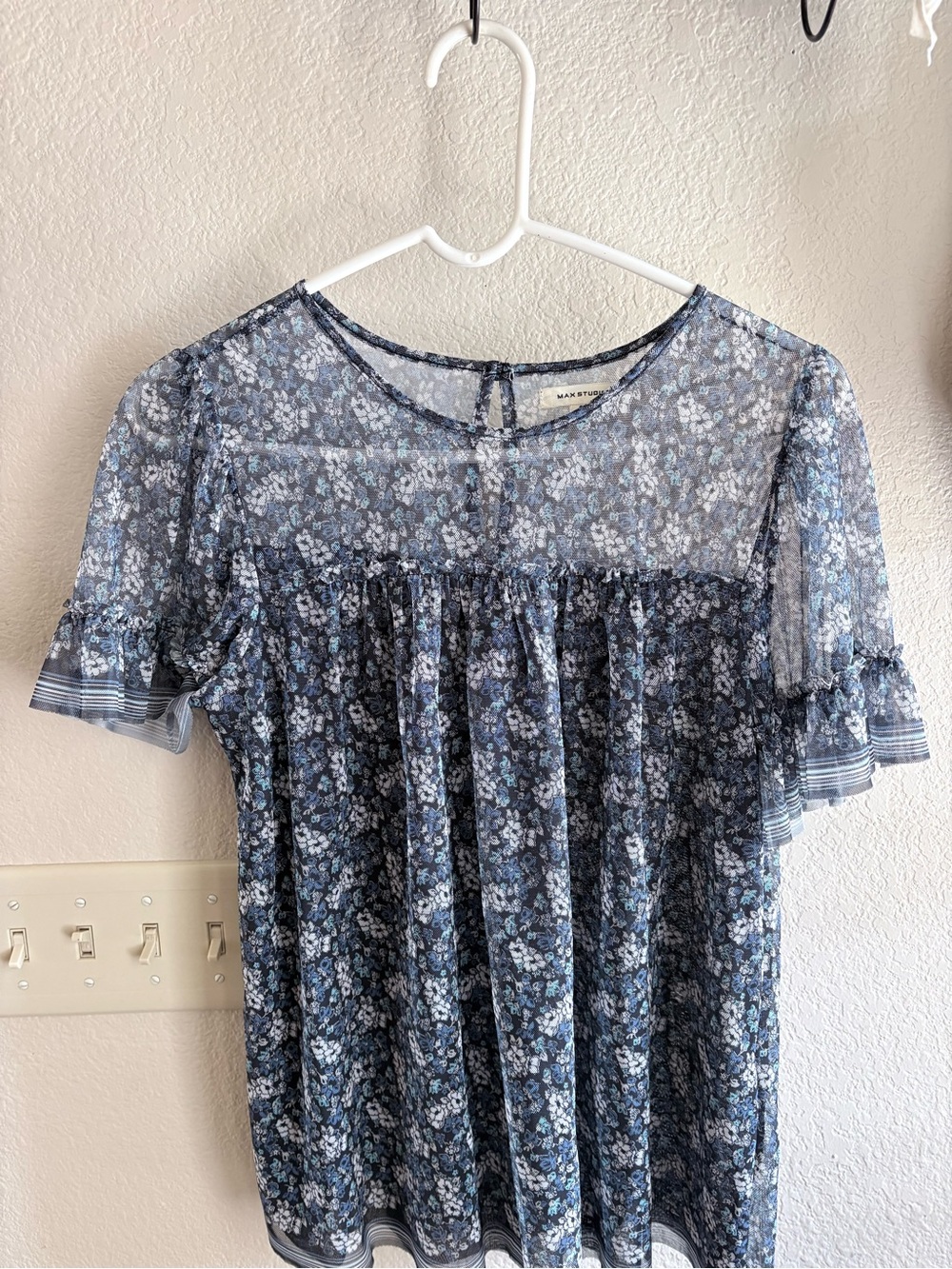 MaxStudio Blue Floral Sheer Short Sleeve Top
